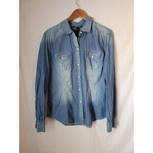 Lucky Brand Women's Blue Denim Button-Down Shirt Long Sleeve Collared Top Size L